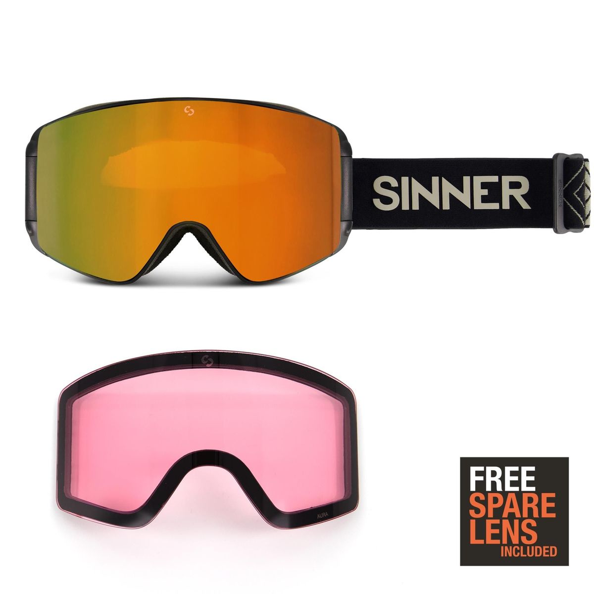 Sinner Aura skibril zwart/oranje + extra roze S1 lens